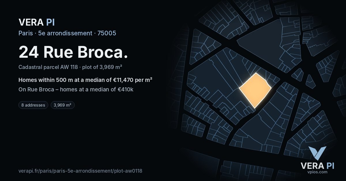 24 Rue Broca, 5e arrondissement at night – the plot lit, the parcels around coloured by the prices near them