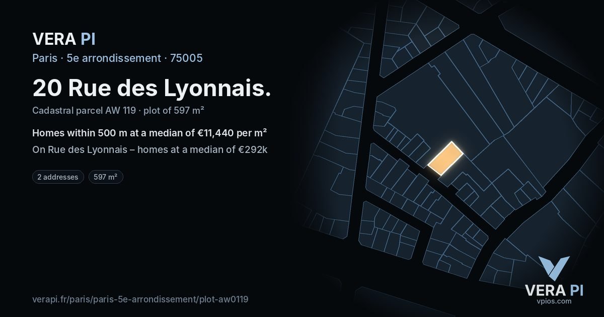 20 Rue des Lyonnais, 5e arrondissement at night – the plot lit, the parcels around coloured by the prices near them