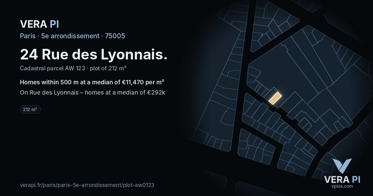 24 Rue des Lyonnais, 5e arrondissement at night – the plot lit, the parcels around coloured by the prices near them