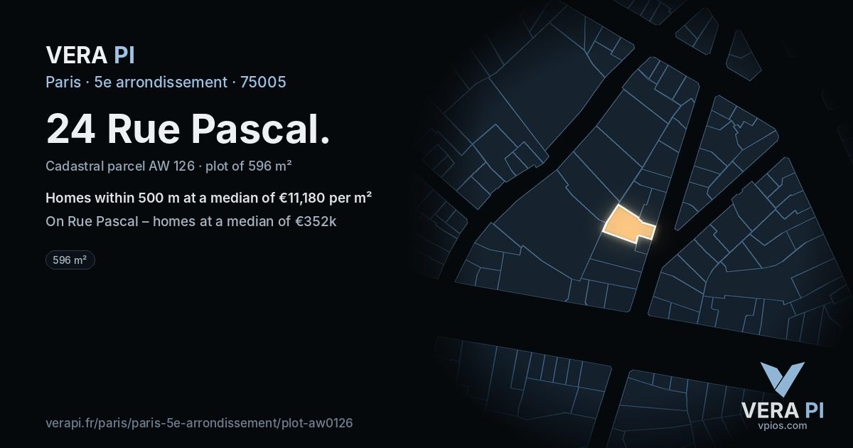24 Rue Pascal, 5e arrondissement at night – the plot lit, the parcels around coloured by the prices near them