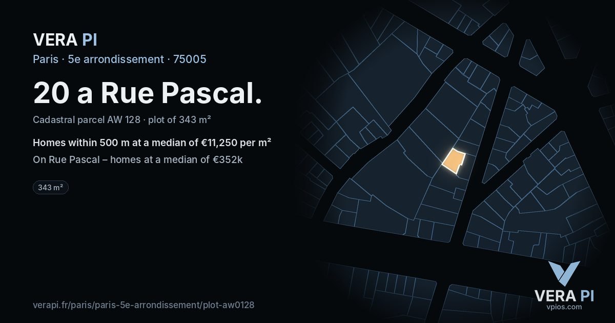 20 a Rue Pascal, 5e arrondissement at night – the plot lit, the parcels around coloured by the prices near them