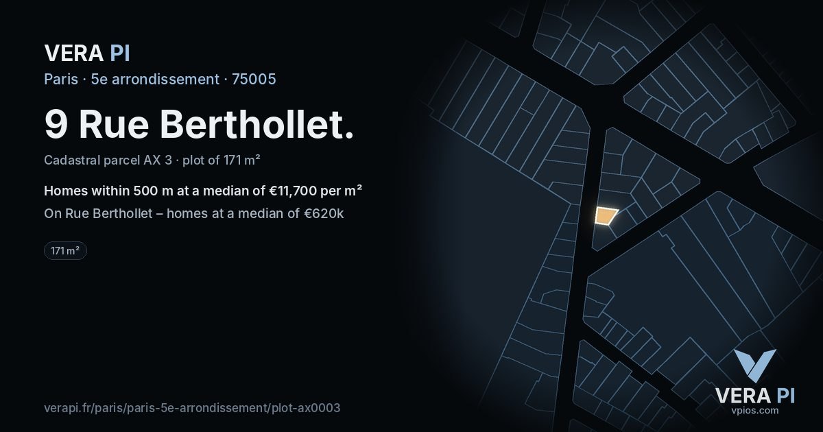 9 Rue Berthollet, 5e arrondissement at night – the plot lit, the parcels around coloured by the prices near them