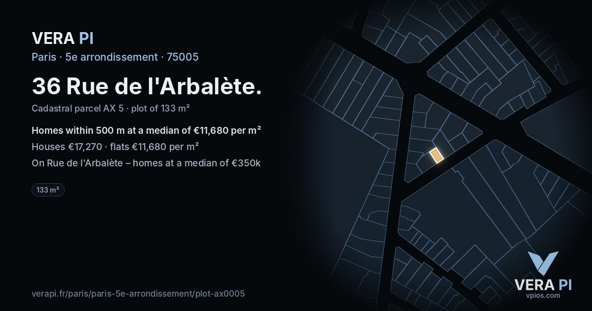 36 Rue de l'Arbalète, 5e arrondissement at night – the plot lit, the parcels around coloured by the prices near them