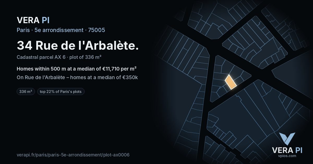 34 Rue de l'Arbalète, 5e arrondissement at night – the plot lit, the parcels around coloured by the prices near them