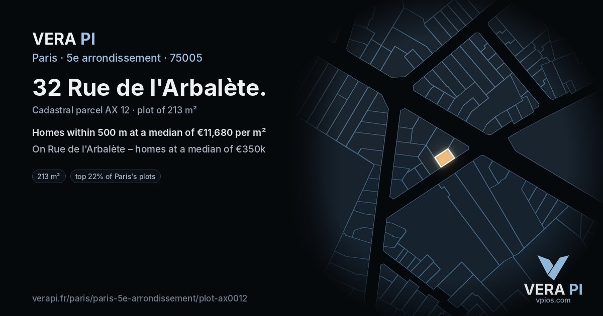 32 Rue de l'Arbalète, 5e arrondissement at night – the plot lit, the parcels around coloured by the prices near them