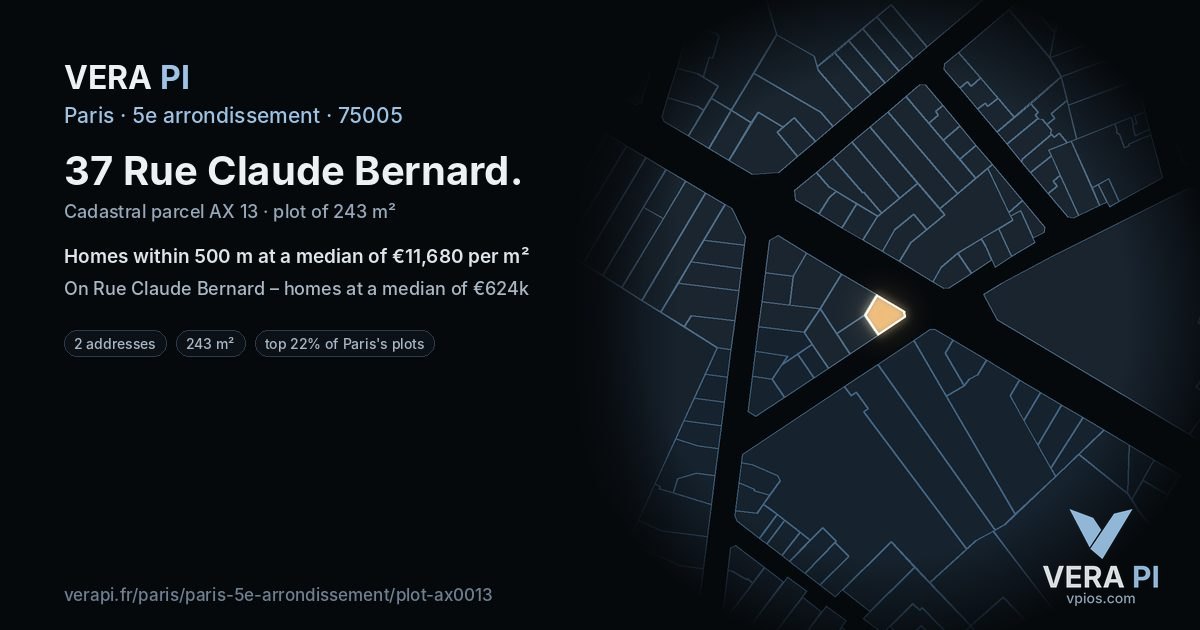 37 Rue Claude Bernard, 5e arrondissement at night – the plot lit, the parcels around coloured by the prices near them