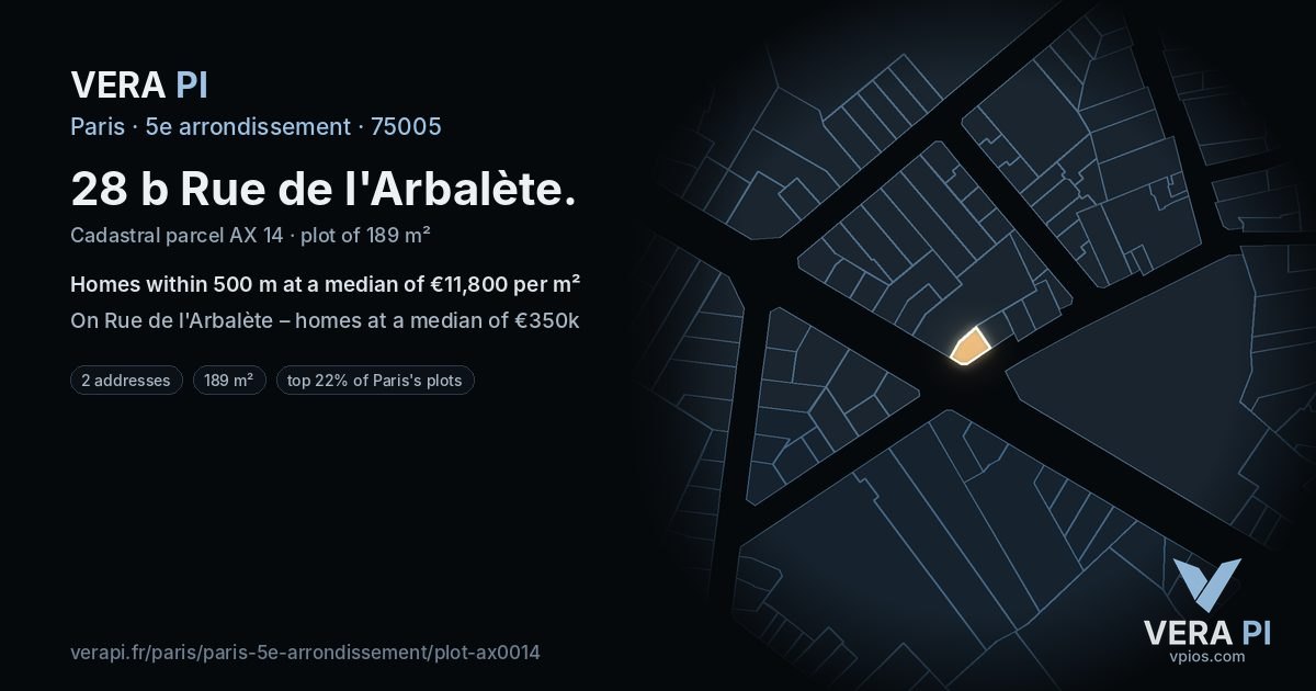28 b Rue de l'Arbalète, 5e arrondissement at night – the plot lit, the parcels around coloured by the prices near them
