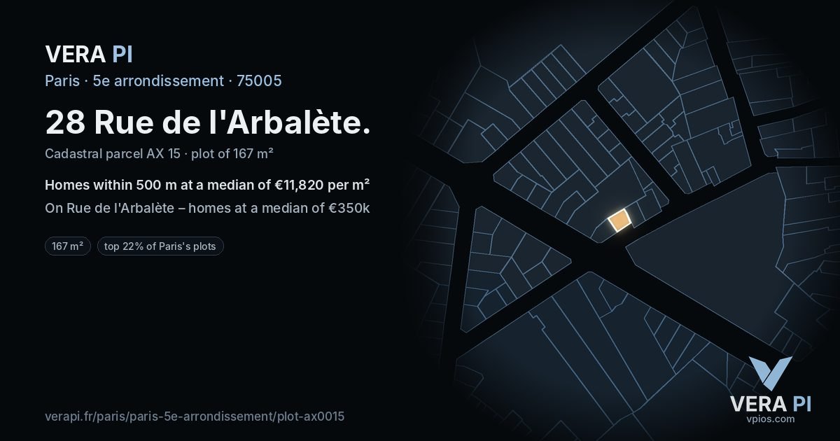 28 Rue de l'Arbalète, 5e arrondissement at night – the plot lit, the parcels around coloured by the prices near them
