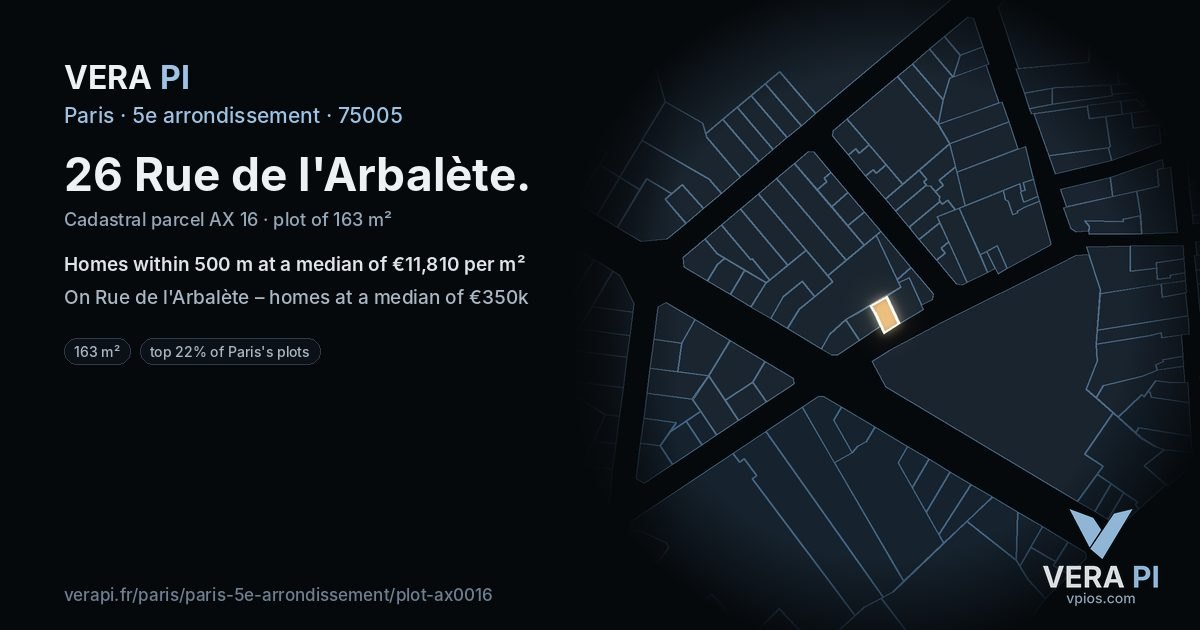 26 Rue de l'Arbalète, 5e arrondissement at night – the plot lit, the parcels around coloured by the prices near them