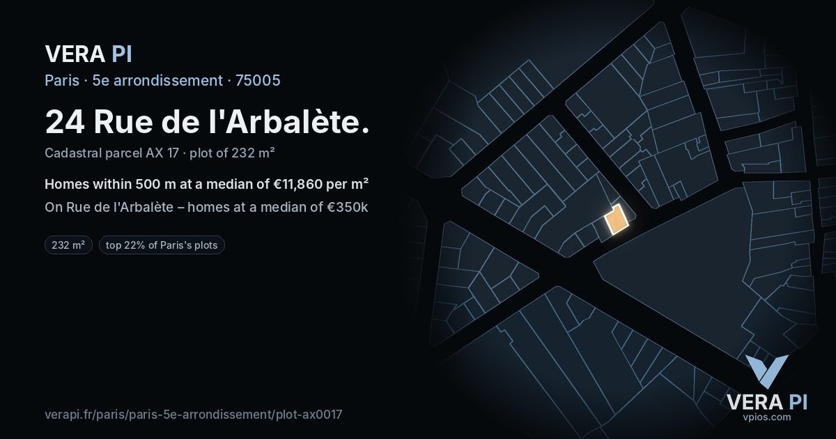 24 Rue de l'Arbalète, 5e arrondissement at night – the plot lit, the parcels around coloured by the prices near them