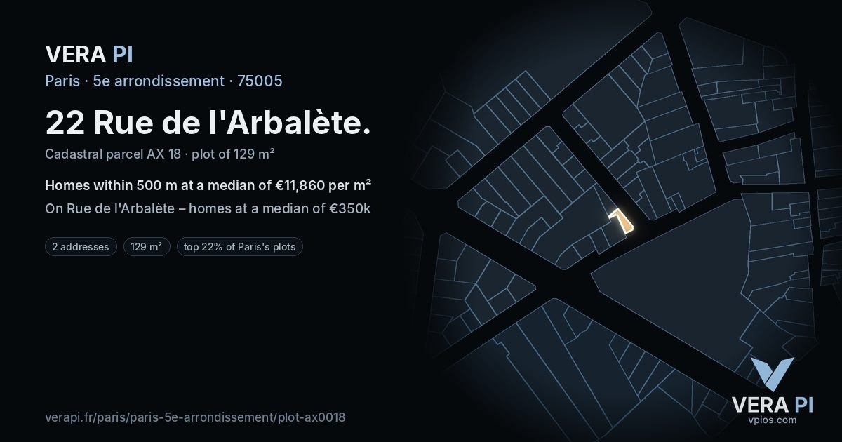 22 Rue de l'Arbalète, 5e arrondissement at night – the plot lit, the parcels around coloured by the prices near them