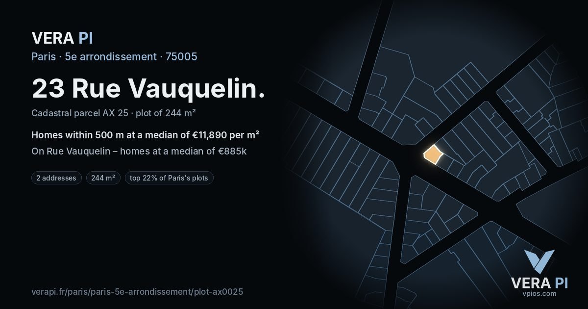 23 Rue Vauquelin, 5e arrondissement at night – the plot lit, the parcels around coloured by the prices near them