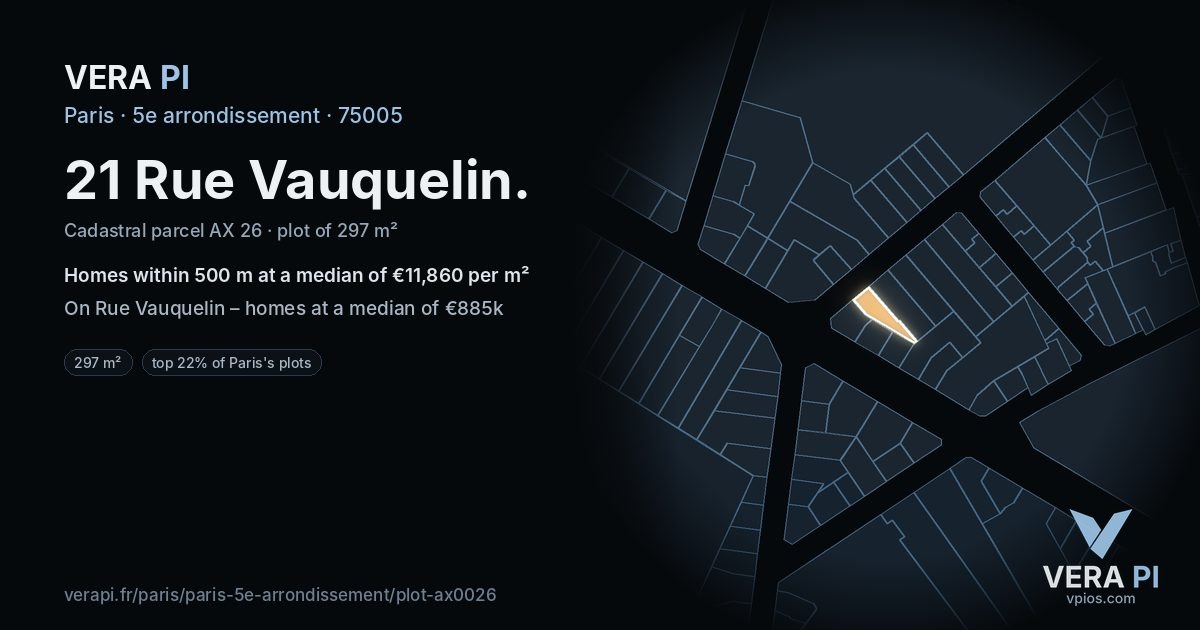 21 Rue Vauquelin, 5e arrondissement at night – the plot lit, the parcels around coloured by the prices near them