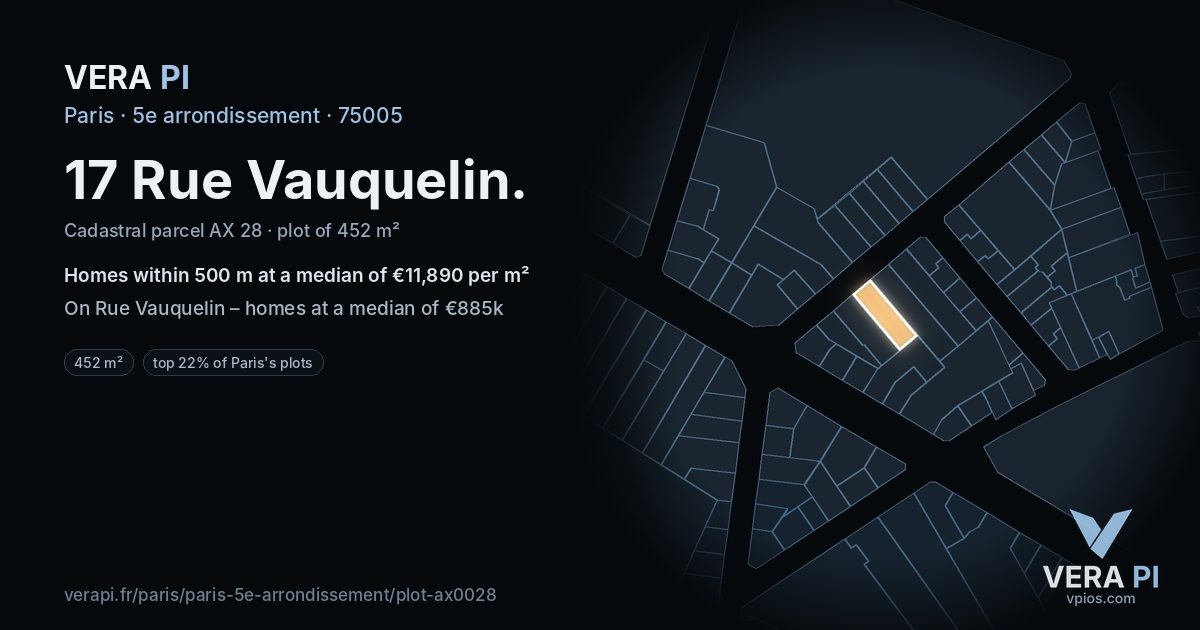 17 Rue Vauquelin, 5e arrondissement at night – the plot lit, the parcels around coloured by the prices near them