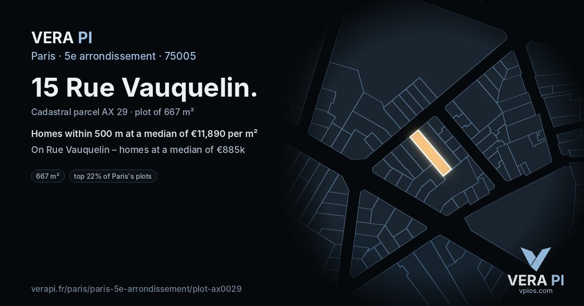 15 Rue Vauquelin, 5e arrondissement at night – the plot lit, the parcels around coloured by the prices near them