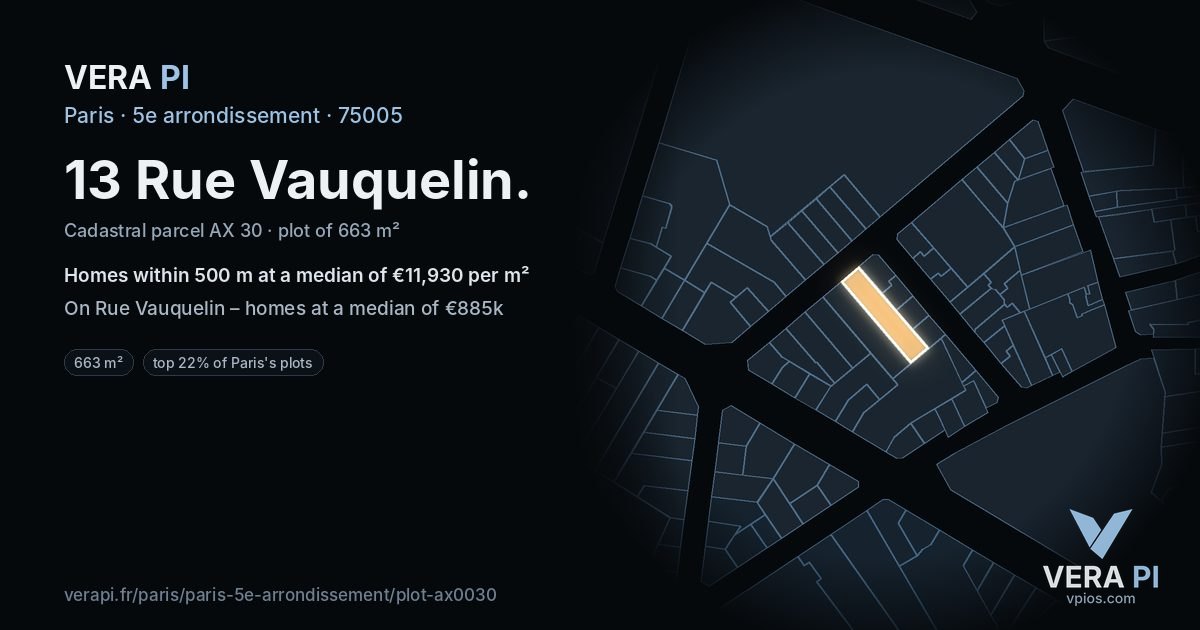 13 Rue Vauquelin, 5e arrondissement at night – the plot lit, the parcels around coloured by the prices near them