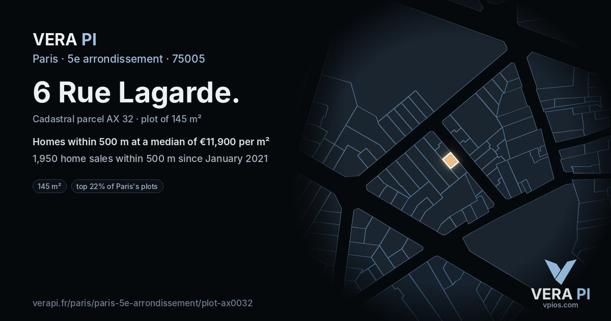 6 Rue Lagarde, 5e arrondissement at night – the plot lit, the parcels around coloured by the prices near them