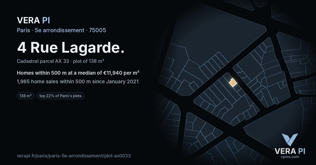 4 Rue Lagarde, 5e arrondissement at night – the plot lit, the parcels around coloured by the prices near them