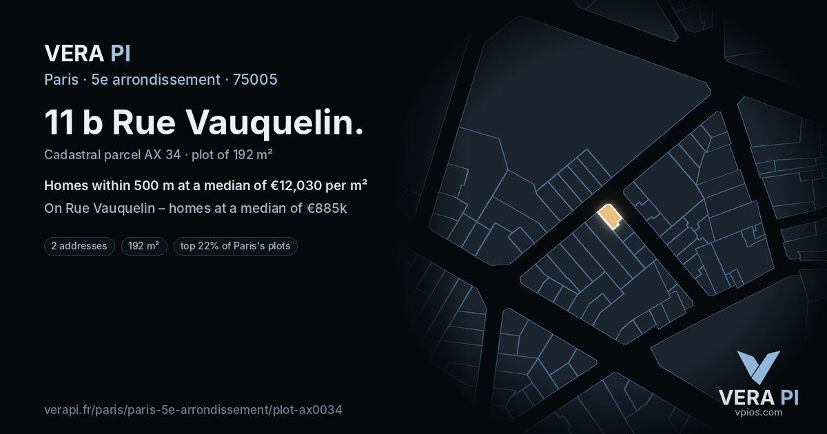 11 b Rue Vauquelin, 5e arrondissement at night – the plot lit, the parcels around coloured by the prices near them