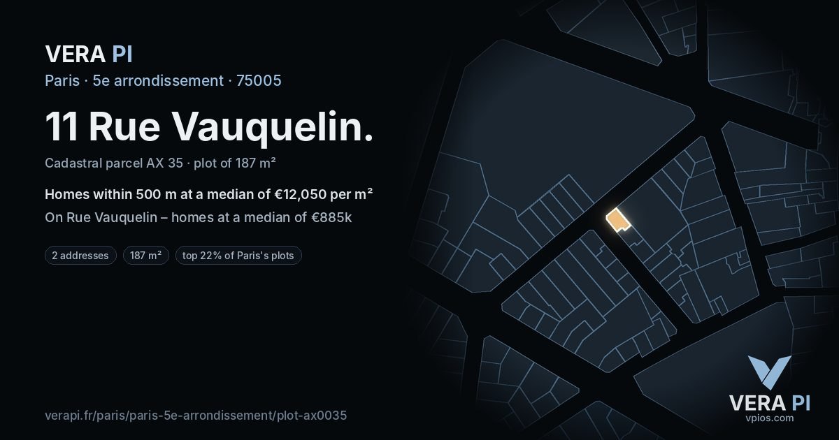 11 Rue Vauquelin, 5e arrondissement at night – the plot lit, the parcels around coloured by the prices near them