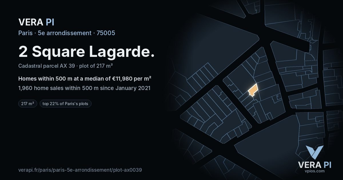 2 Square Lagarde, 5e arrondissement at night – the plot lit, the parcels around coloured by the prices near them