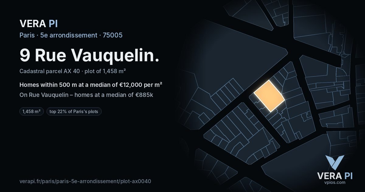 9 Rue Vauquelin, 5e arrondissement at night – the plot lit, the parcels around coloured by the prices near them