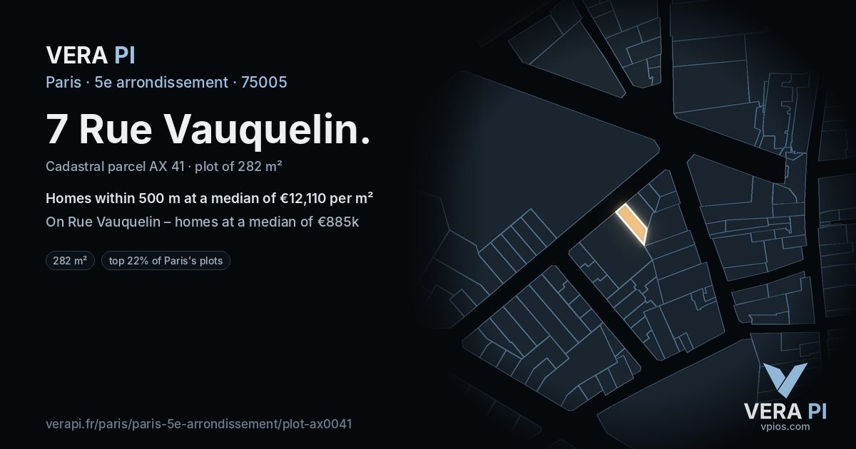 7 Rue Vauquelin, 5e arrondissement at night – the plot lit, the parcels around coloured by the prices near them