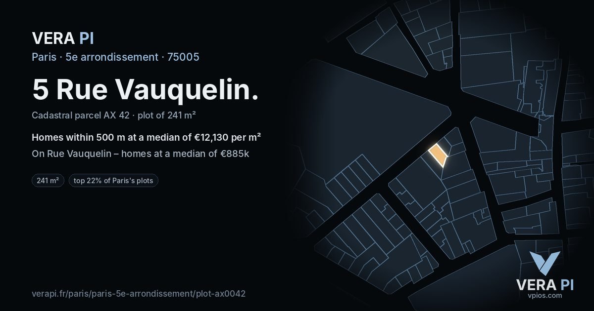 5 Rue Vauquelin, 5e arrondissement at night – the plot lit, the parcels around coloured by the prices near them