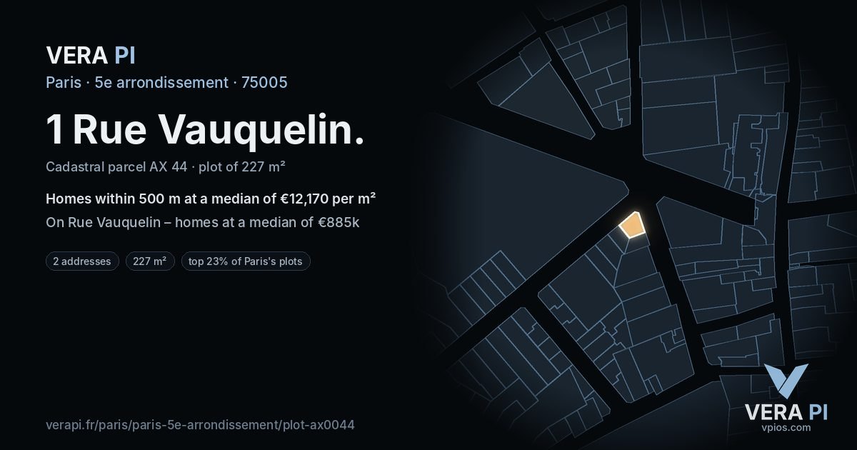 1 Rue Vauquelin, 5e arrondissement at night – the plot lit, the parcels around coloured by the prices near them