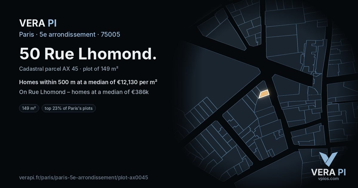 50 Rue Lhomond, 5e arrondissement at night – the plot lit, the parcels around coloured by the prices near them
