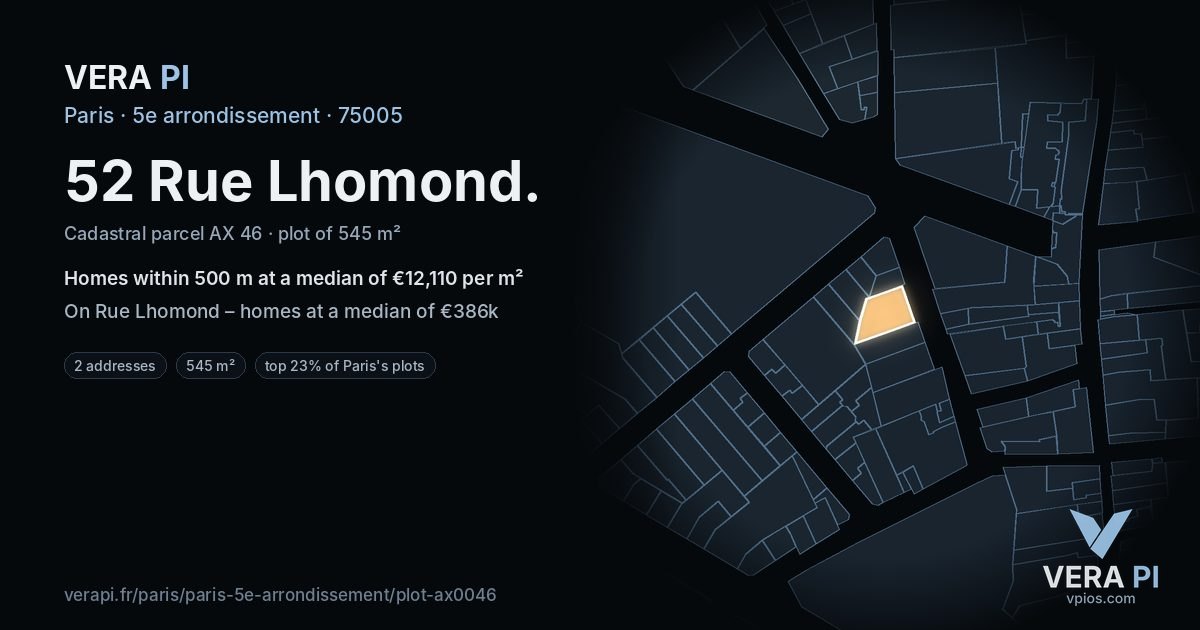 52 Rue Lhomond, 5e arrondissement at night – the plot lit, the parcels around coloured by the prices near them