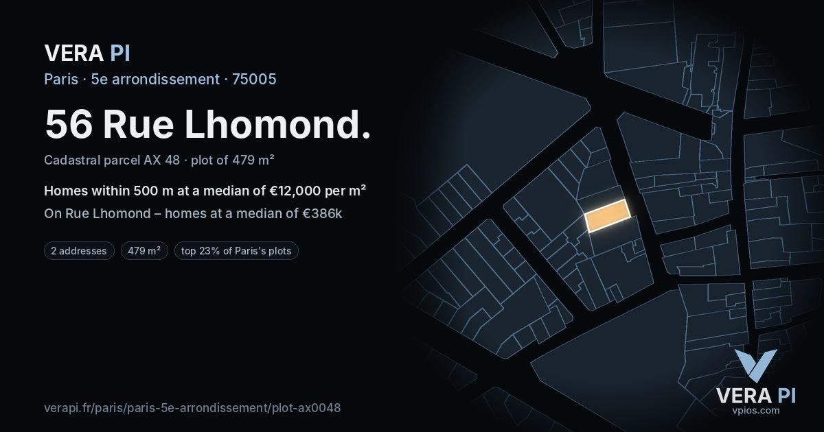 56 Rue Lhomond, 5e arrondissement at night – the plot lit, the parcels around coloured by the prices near them