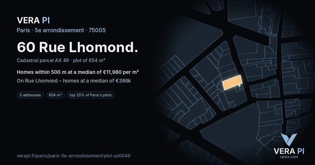 60 Rue Lhomond, 5e arrondissement at night – the plot lit, the parcels around coloured by the prices near them