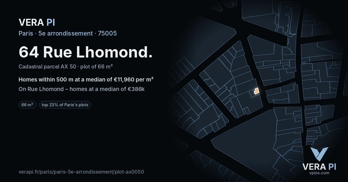 64 Rue Lhomond, 5e arrondissement at night – the plot lit, the parcels around coloured by the prices near them