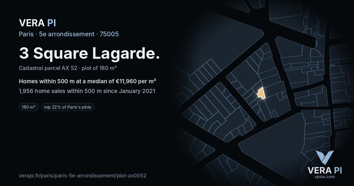 3 Square Lagarde, 5e arrondissement at night – the plot lit, the parcels around coloured by the prices near them