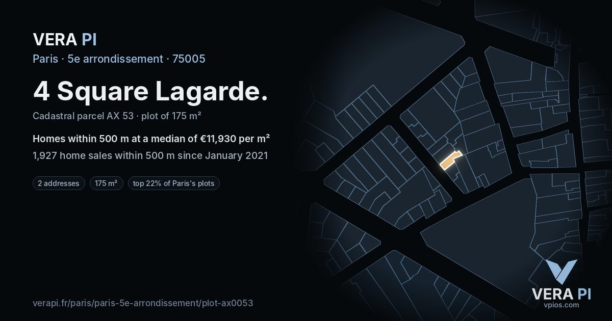 4 Square Lagarde, 5e arrondissement at night – the plot lit, the parcels around coloured by the prices near them