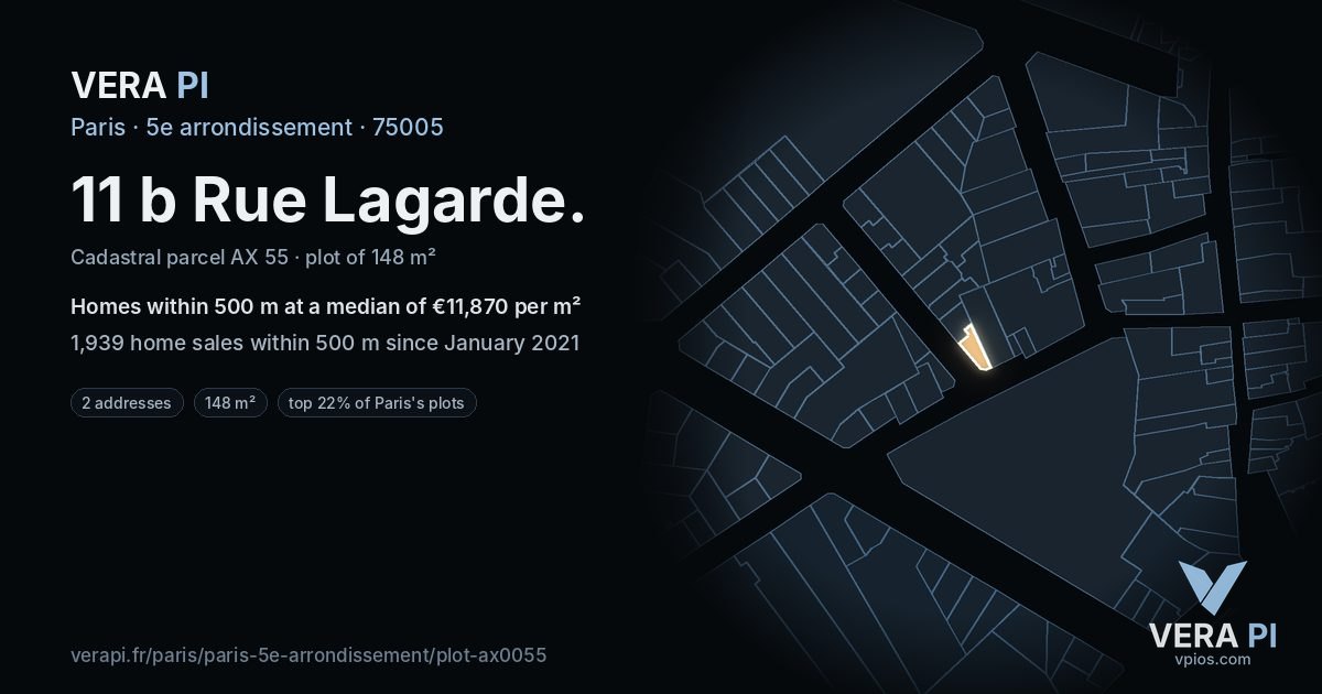 11 b Rue Lagarde, 5e arrondissement at night – the plot lit, the parcels around coloured by the prices near them