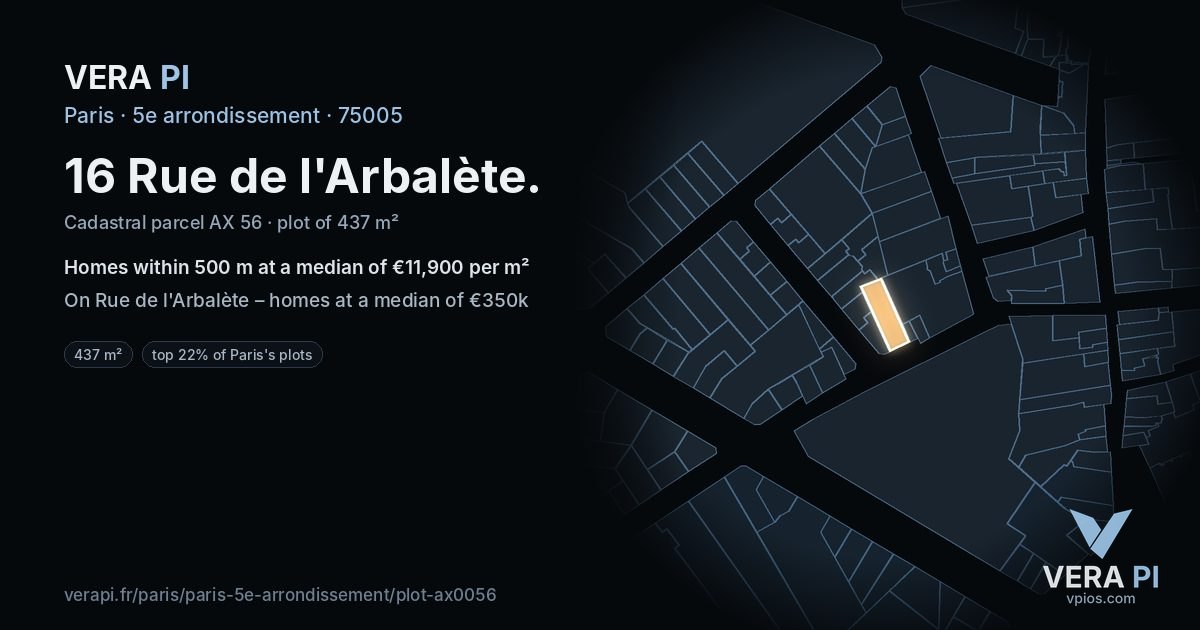 16 Rue de l'Arbalète, 5e arrondissement at night – the plot lit, the parcels around coloured by the prices near them