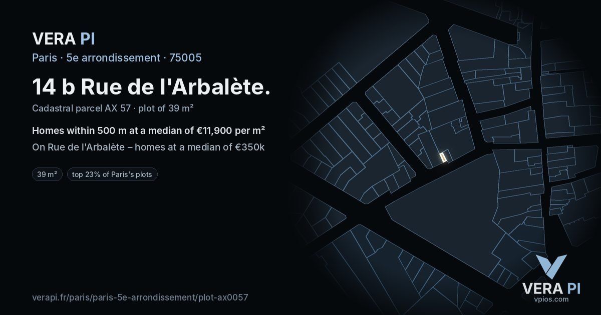 14 b Rue de l'Arbalète, 5e arrondissement at night – the plot lit, the parcels around coloured by the prices near them