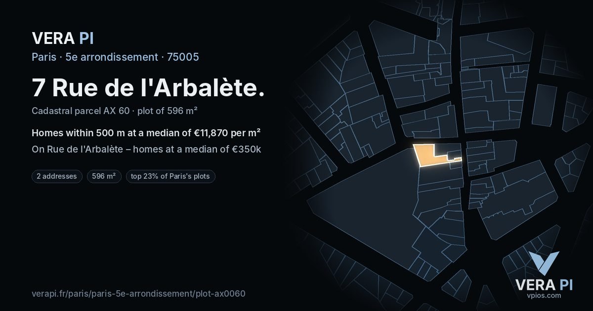 7 Rue de l'Arbalète, 5e arrondissement at night – the plot lit, the parcels around coloured by the prices near them