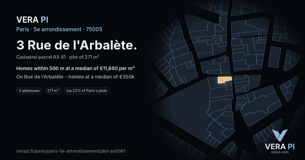 3 Rue de l'Arbalète, 5e arrondissement at night – the plot lit, the parcels around coloured by the prices near them