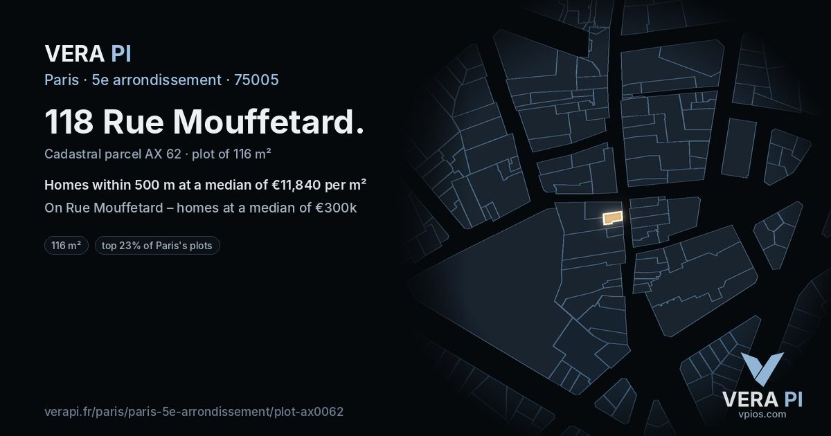 118 Rue Mouffetard, 5e arrondissement at night – the plot lit, the parcels around coloured by the prices near them