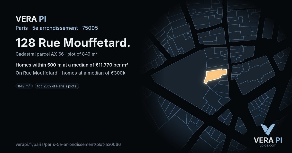 128 Rue Mouffetard, 5e arrondissement at night – the plot lit, the parcels around coloured by the prices near them