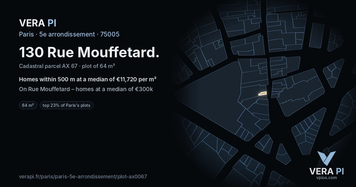 130 Rue Mouffetard, 5e arrondissement at night – the plot lit, the parcels around coloured by the prices near them