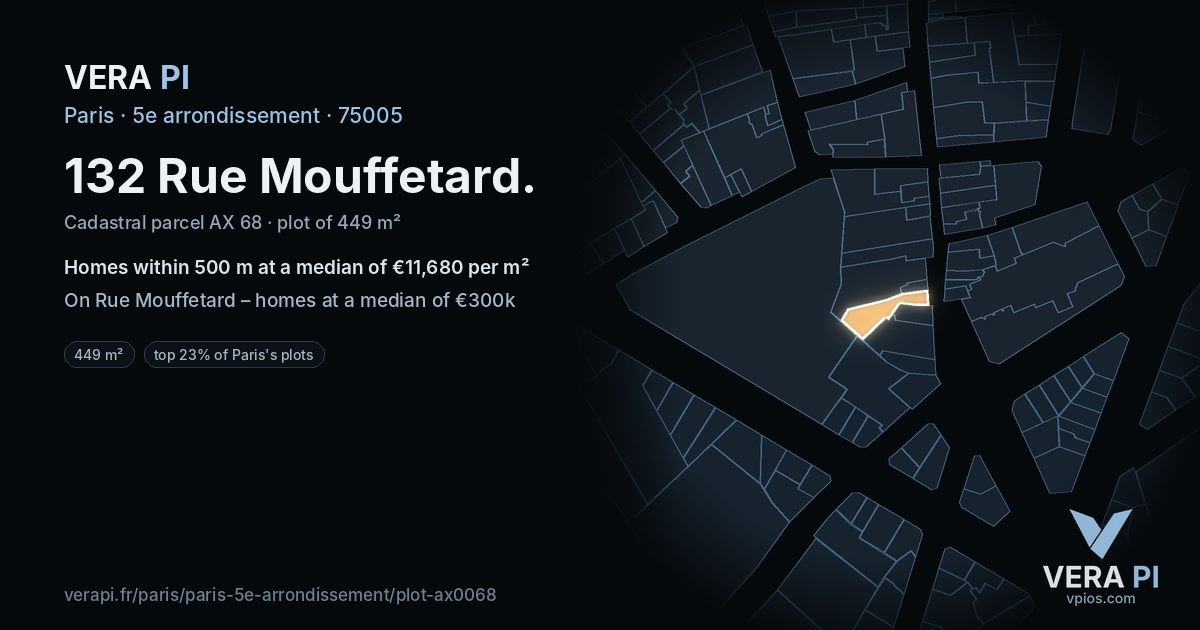 132 Rue Mouffetard, 5e arrondissement at night – the plot lit, the parcels around coloured by the prices near them