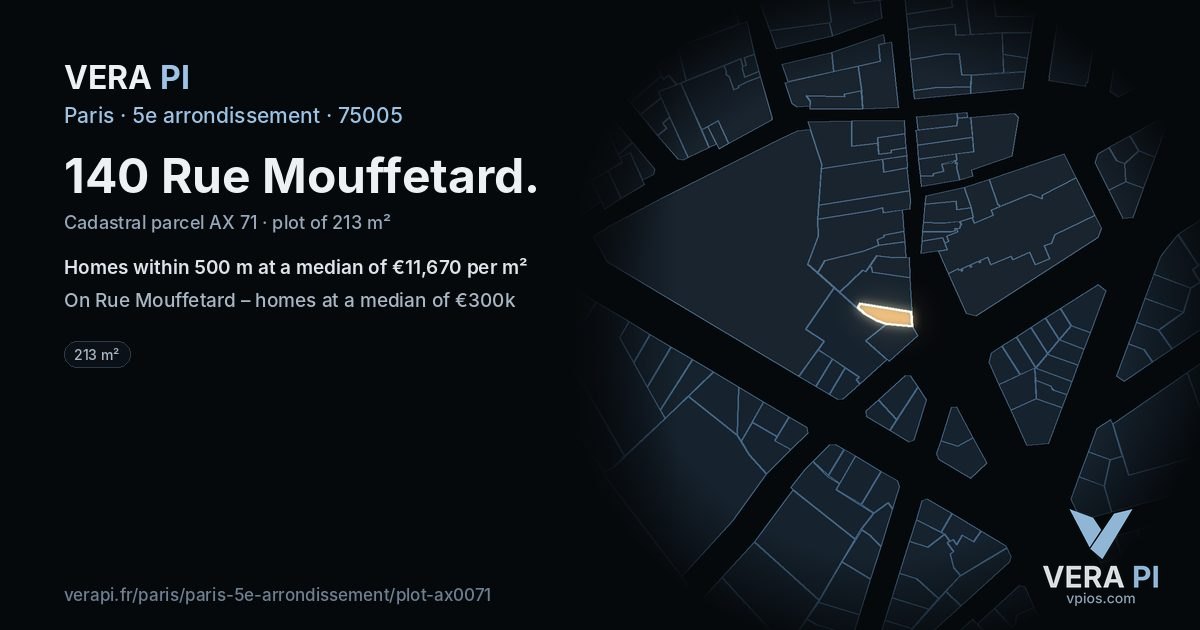 140 Rue Mouffetard, 5e arrondissement at night – the plot lit, the parcels around coloured by the prices near them