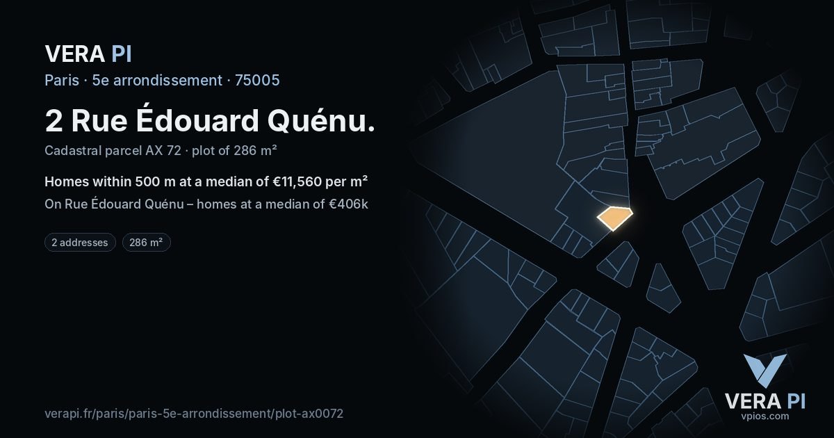 2 Rue Édouard Quénu, 5e arrondissement at night – the plot lit, the parcels around coloured by the prices near them