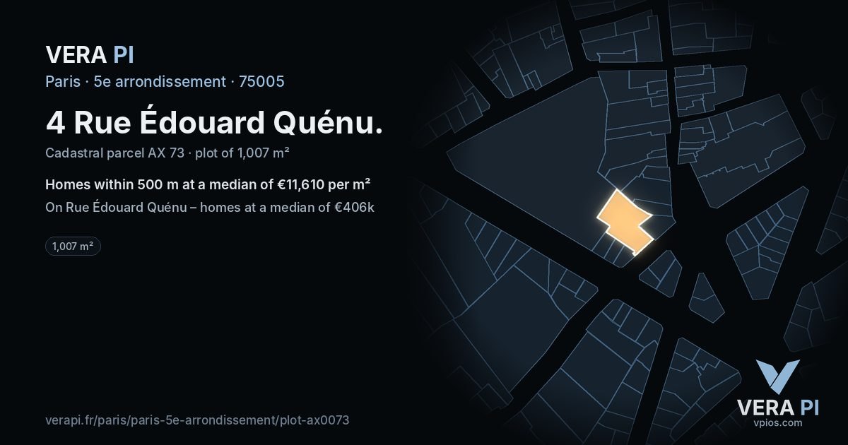 4 Rue Édouard Quénu, 5e arrondissement at night – the plot lit, the parcels around coloured by the prices near them