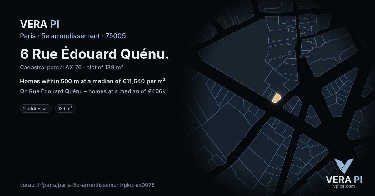 6 Rue Édouard Quénu, 5e arrondissement at night – the plot lit, the parcels around coloured by the prices near them