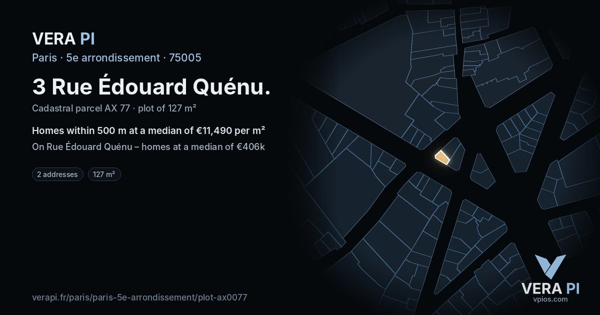 3 Rue Édouard Quénu, 5e arrondissement at night – the plot lit, the parcels around coloured by the prices near them